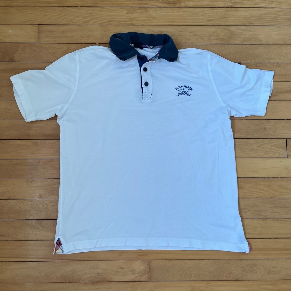 Paul & Shark Yachting Mens White Polo Shirt Short Sleeve Navy Collar XL Italy